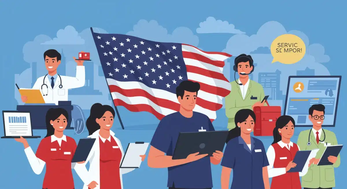 Diverse service sector professionals working, representing varied job opportunities