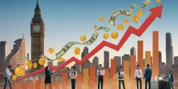 Illustration of a $500 billion federal stimulus package boosting the US economy by Q2 2025, showing growth charts and financial symbols.