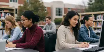 College students working in diverse work-study jobs on a modern university campus
