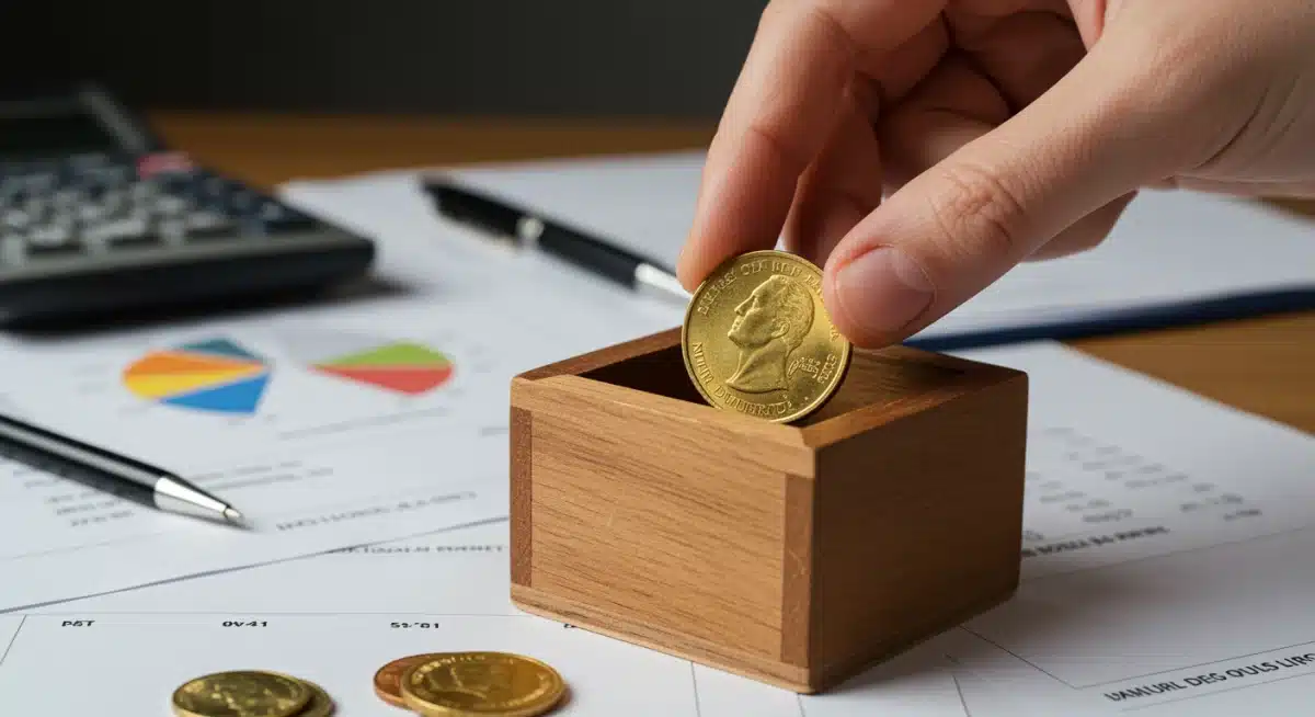 Hand placing a gold coin into a wooden box, symbolizing safe-haven asset investment.