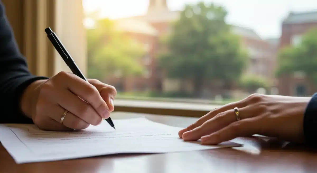 Student signing a graduate assistantship contract for 2025 funding.