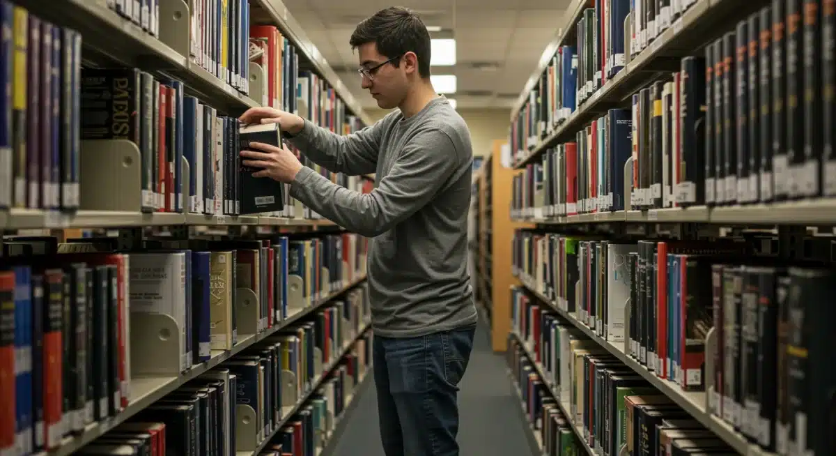 Student organizing books in a university library work-study position