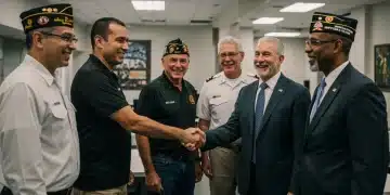 Veterans engaging with VA representatives, discussing 2025 benefits and support programs.