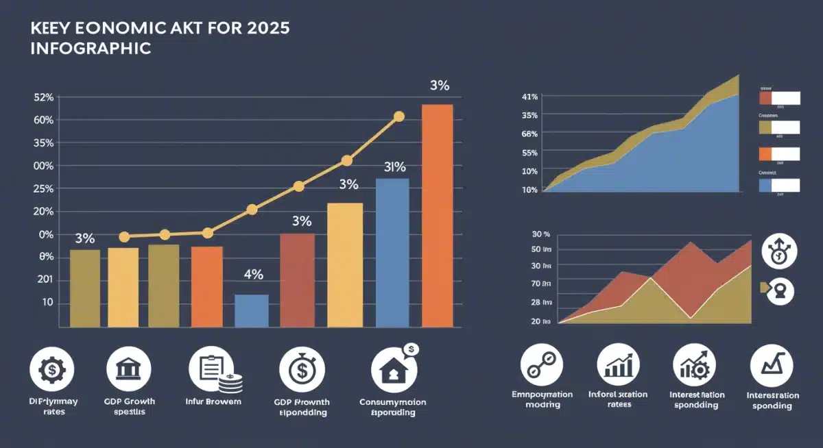 Infographic detailing key US economic indicators for 2025: GDP, inflation, employment, and consumer spending.