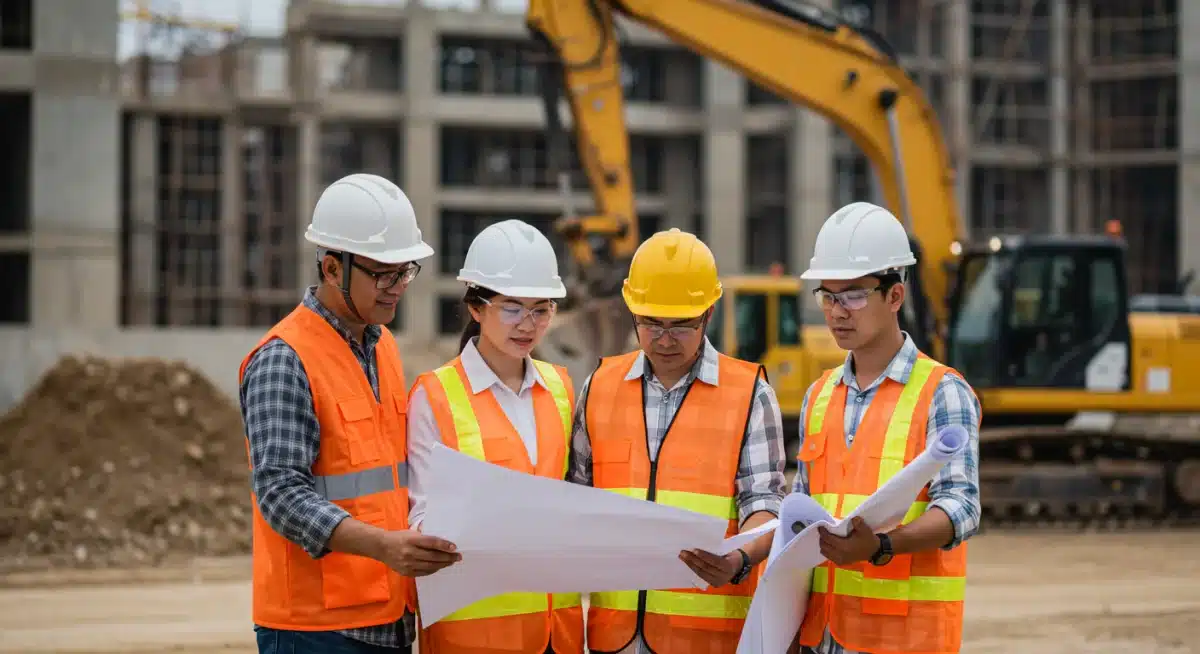 Construction workers reviewing blueprints at a busy infrastructure project site.