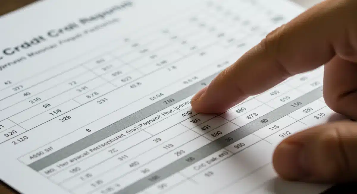 Close-up of credit report with hand pointing to payment history
