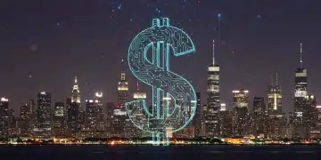 Digital dollar symbol integrated with circuit board over city skyline