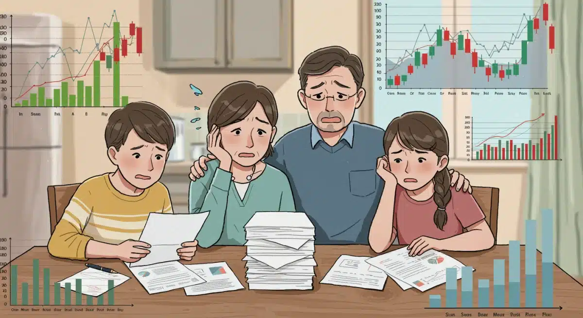 Family reviewing finances with rising interest rate graphs