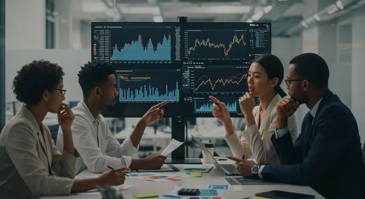 Financial analysts discussing market trends and S&P 500 performance in a modern office setting.