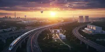 Modern infrastructure projects under sunrise, symbolizing federal investment and national progress.