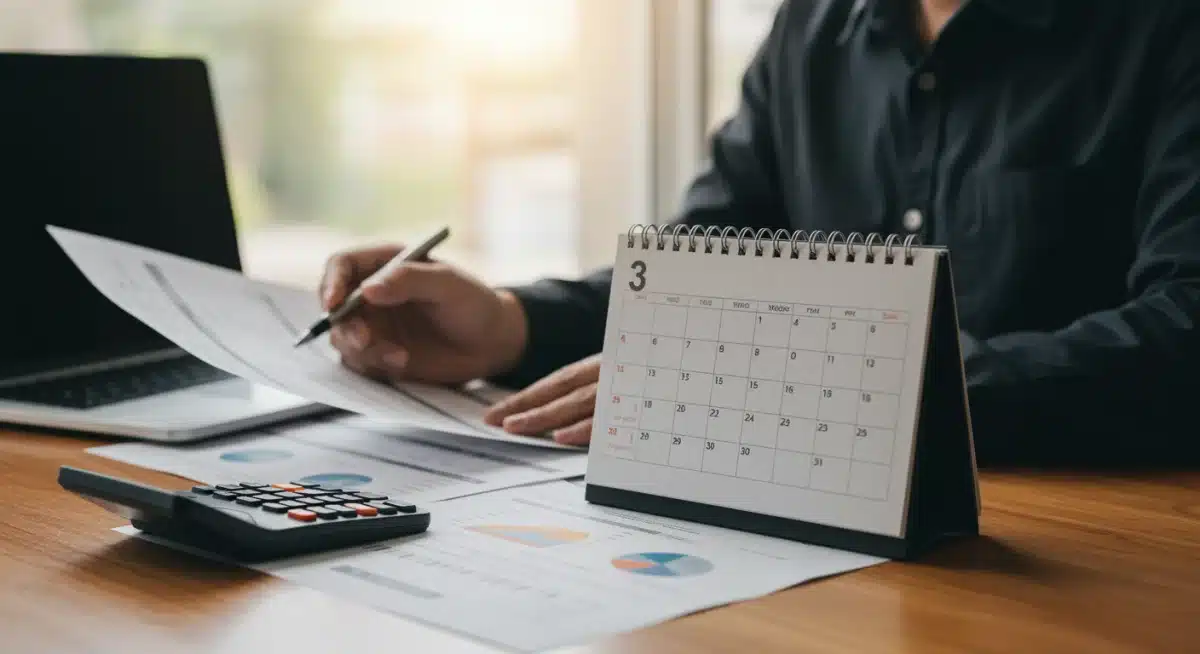 Individual engaging in strategic financial planning, reviewing documents and calendar for a three-month action plan.