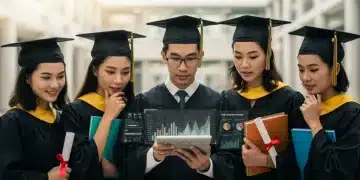 Students reviewing student loan repayment options on a tablet