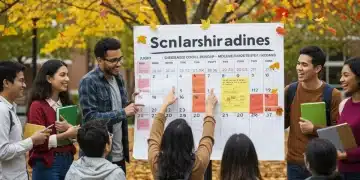 Students reviewing scholarship deadlines on a large calendar