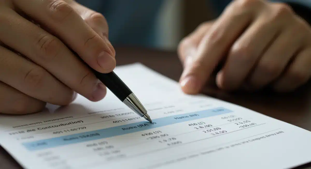 Hand pointing at financial statement showing 401(k) and Roth IRA contributions