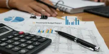 Household budget spreadsheet showing rising costs due to 2026 inflation, with a calculator and pen nearby, symbolizing financial planning.