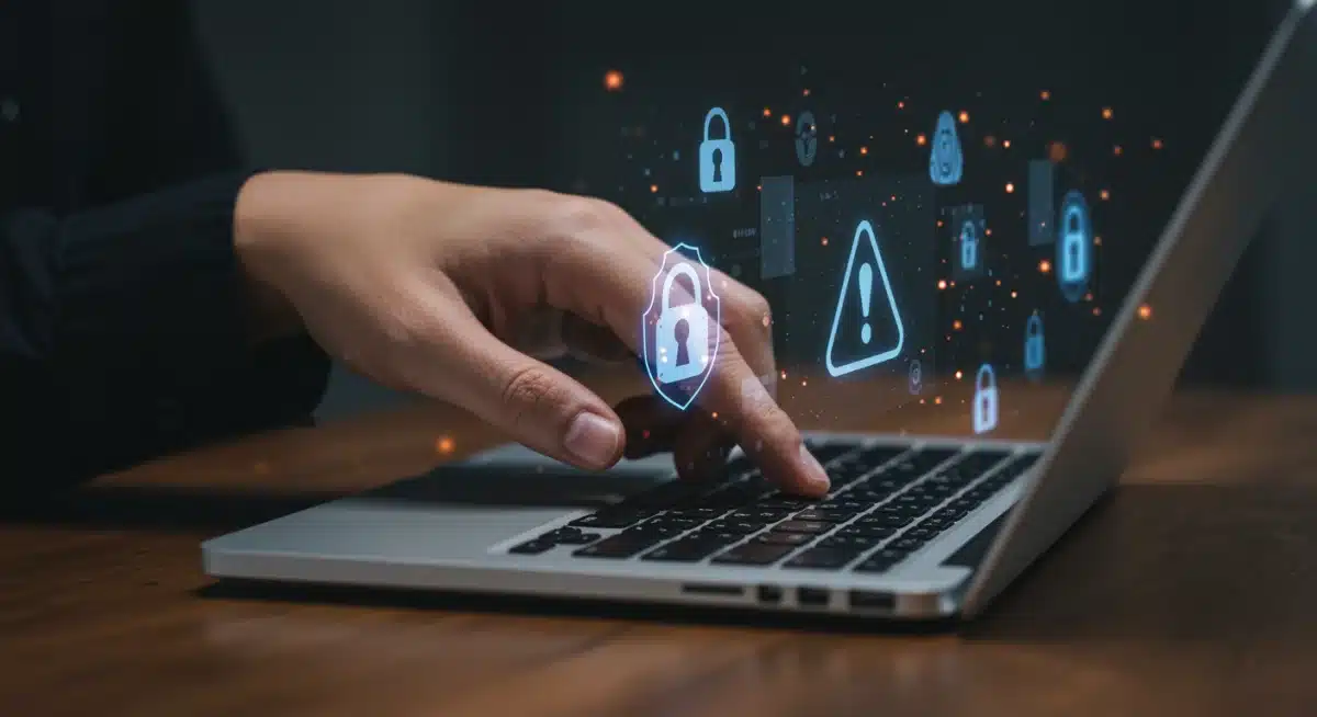 Person interacting with a laptop, digital threats on screen, symbolizing online security challenges
