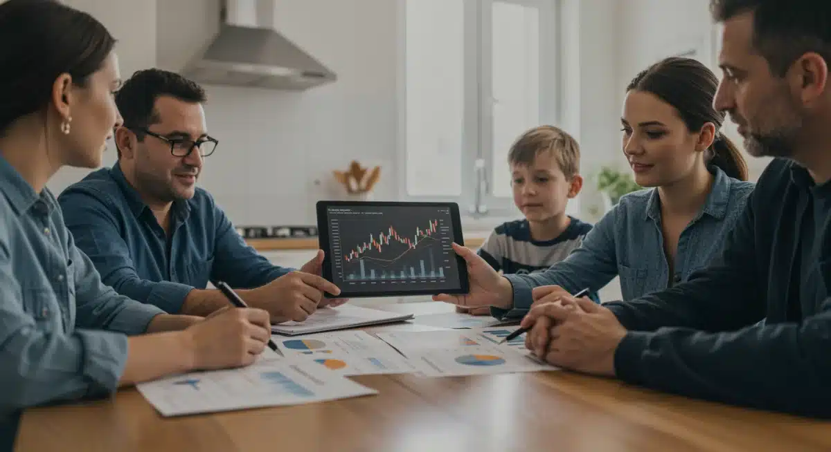 Family discussing financial charts on a tablet at a kitchen table, planning strategies to combat inflation.