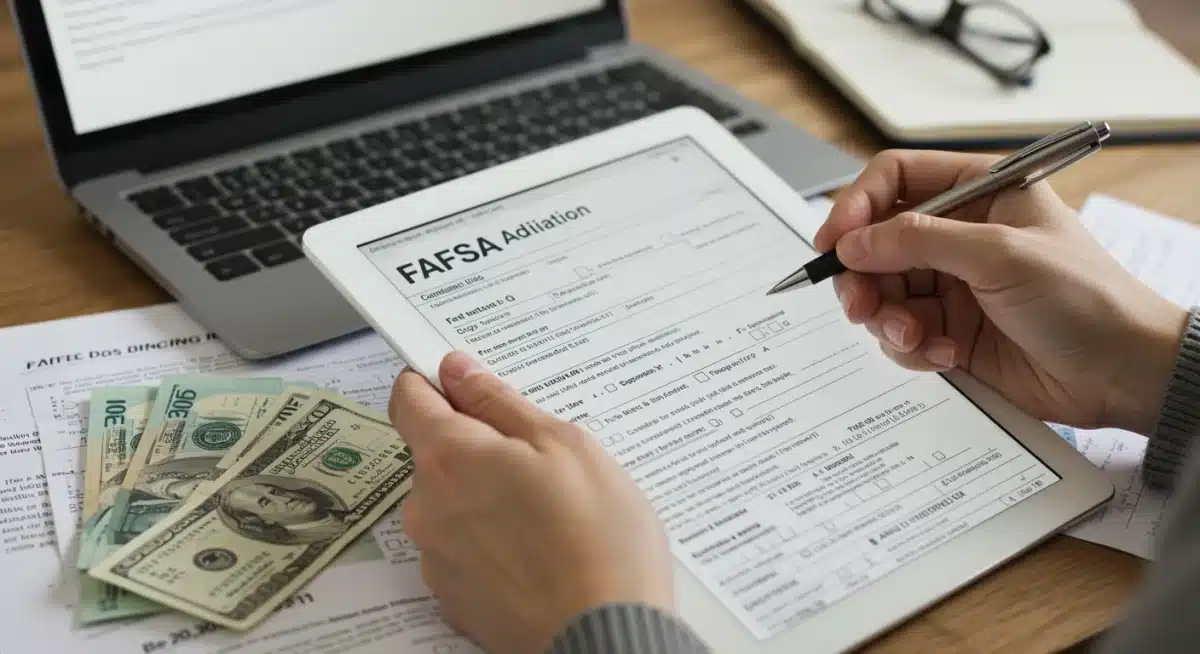 Hand filling out 2025 FAFSA form on tablet with financial documents