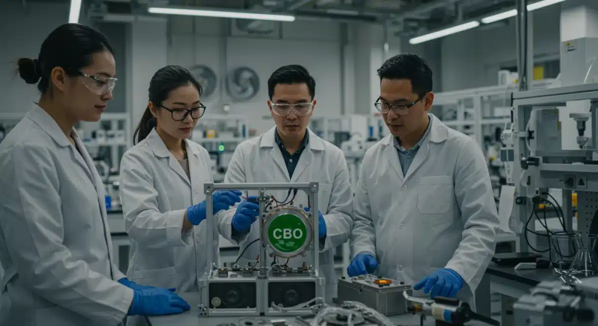 Scientists examining advanced green technology in a lab