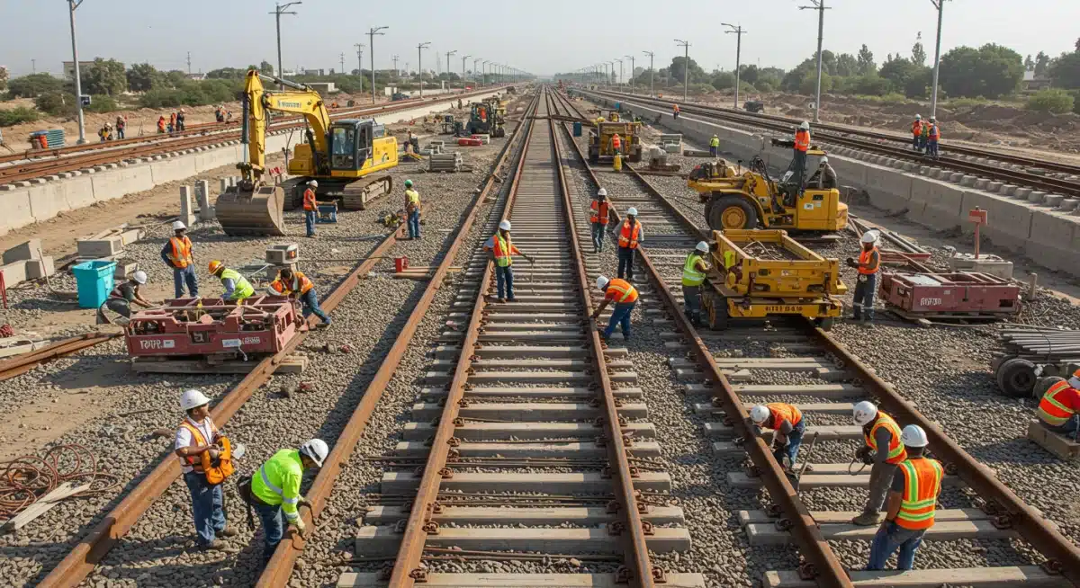 Construction crew building high-speed rail tracks, representing advanced transportation projects.