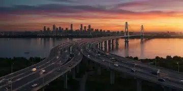 2026 Federal Budget Proposal: $800 Billion Infrastructure Spending Detailed Modern highway bridge construction with sunset backdrop, symbolizing federal infrastructure investment.