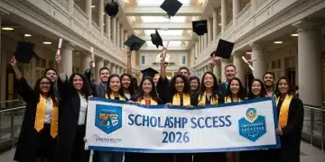 College graduates celebrating with a banner for 2026 scholarship success