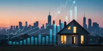 Modern house with financial charts and city skyline representing the 2026 real estate market outlook