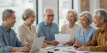 Group of older adults discussing retirement planning and Social Security benefits