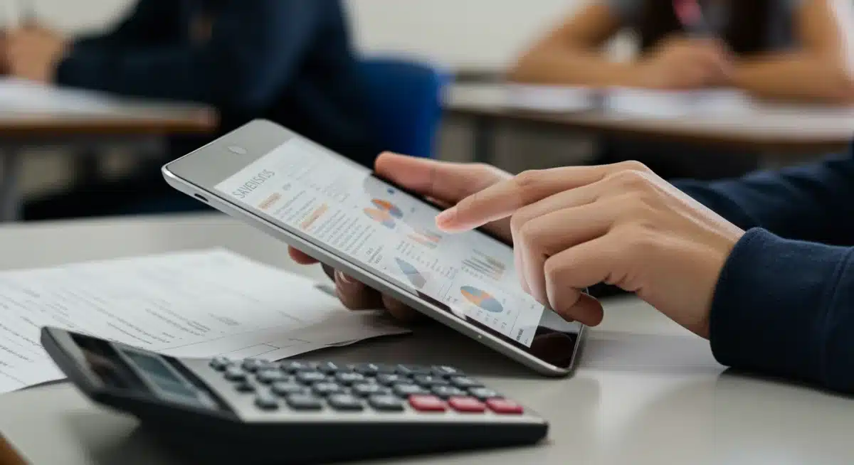 Student calculating savings from e-textbooks on a tablet