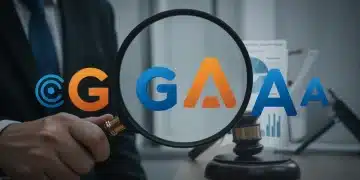 US tech giants under antitrust investigation in early 2026, magnified view of company logos