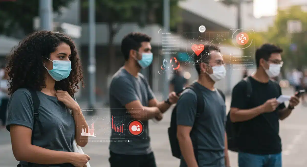 Diverse people with masks practicing social distancing, representing community health measures.