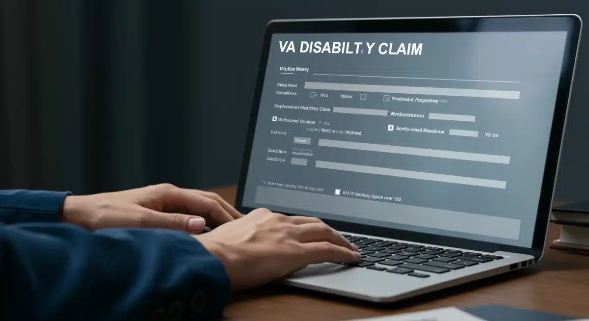 Hands typing on a laptop, filling out a VA disability claim form online