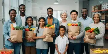 Families receiving food assistance at a community center, symbolizing 2026 SNAP updates.