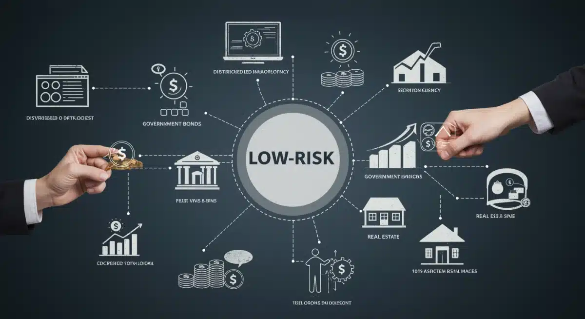 Graphic illustrating diversified low-risk investment options like bonds and real estate