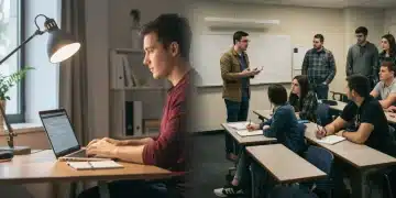 Online student studying on laptop vs. in-person students in classroom