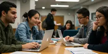 Students working on laptops and discussing in a modern university library, symbolizing college preparation and financial aid applications.