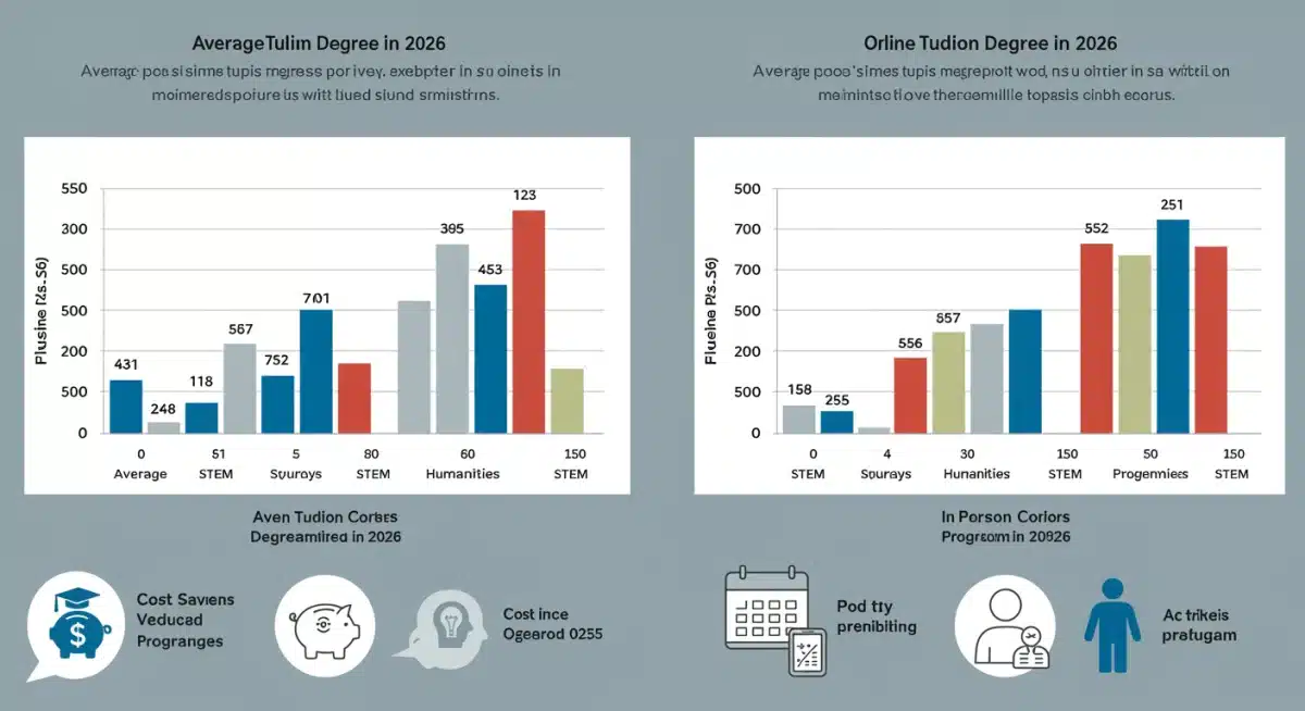 Infographic comparing average tuition costs and flexibility of online and in-person degree programs in 2026