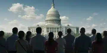 Diverse individuals anticipating US immigration policy changes near Capitol