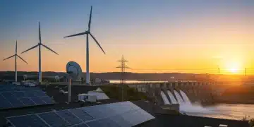 Solar panels, wind turbines, and a hydroelectric dam illustrate the projected 15% increase in US renewable energy adoption by mid-2026.