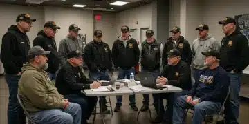 Veterans discussing benefits with a counselor in a community center