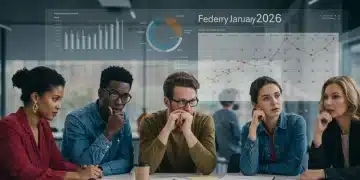 People reviewing federal benefit changes for 2026 on a digital screen, emphasizing planning and understanding.