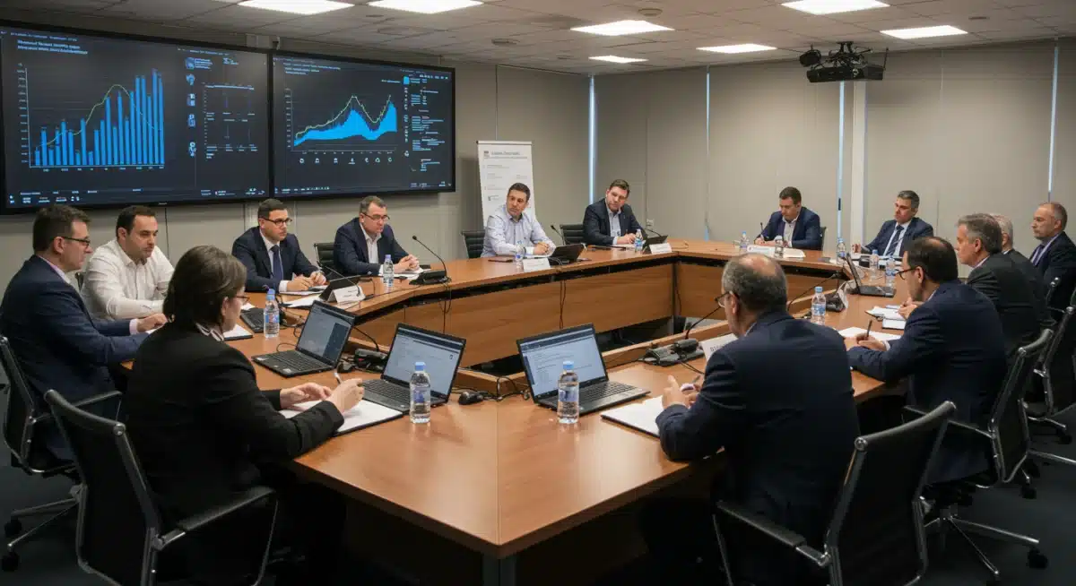 Cybersecurity experts collaborating on national defense strategy in a modern conference room.