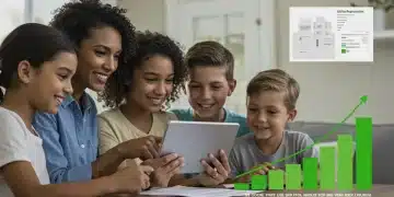 Family reviewing utility bills with a significant reduction on a tablet, symbolizing financial relief.