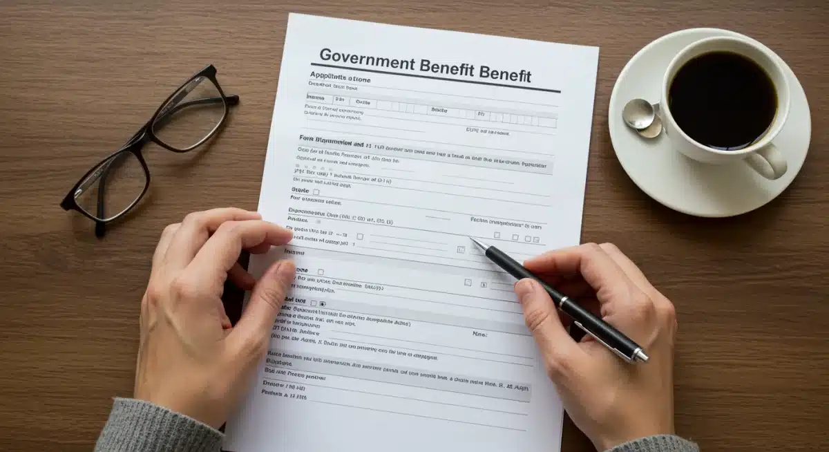 Hands filling out a federal benefit application form, highlighting the detailed process.