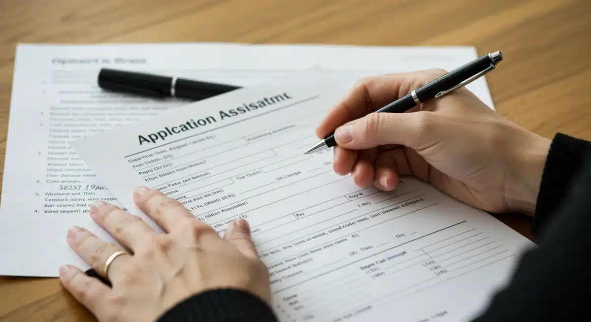 Person meticulously filling out housing assistance application form