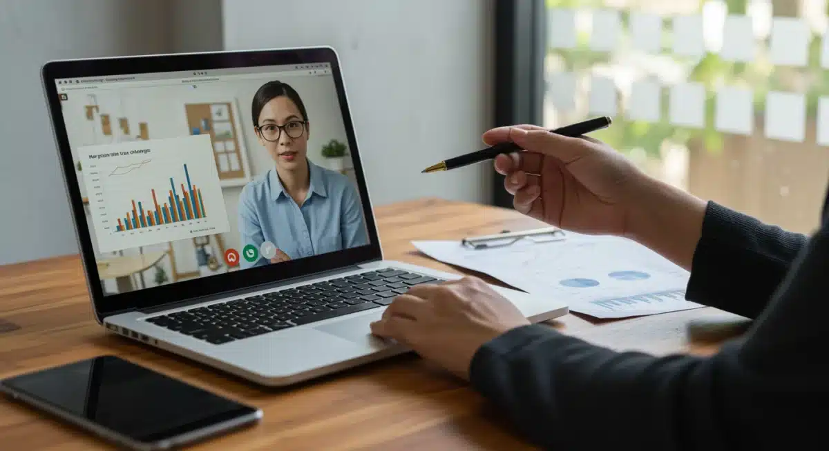 Financial advisor consulting with client via video call about tax changes and investment strategies.
