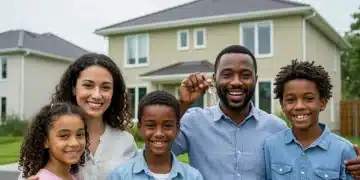 Happy family in front of their new home, symbolizing housing stability
