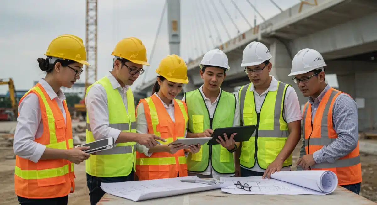 Engineers and construction managers reviewing plans on a modern infrastructure project site.