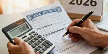 Hands calculating Social Security benefits for 2026 with financial documents