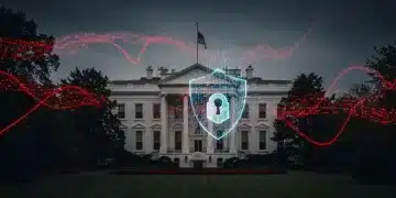 White House protected by a digital cybersecurity shield, symbolizing the 2026 strategy against global threats.